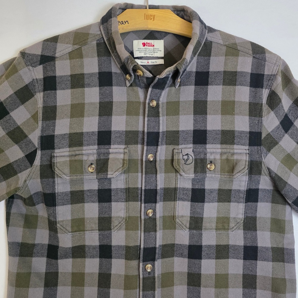 Fjallraven Skog Shirt Mens M Slim Fit Grey Olive Plaid Check Button Down Flannel